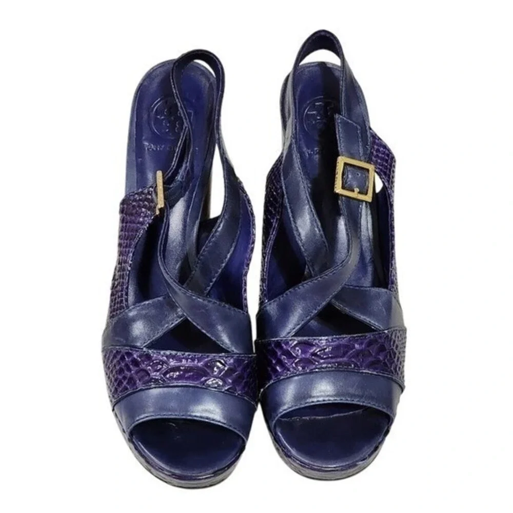 Tory Burch Purple‎ Snakeskin Leather Slingback Platform Block Heel Sandals